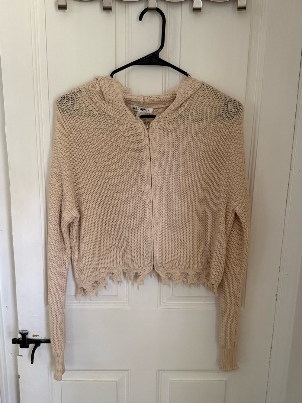 Wild Honey Beige/Cream Distressed Zip Hoodie Sweater